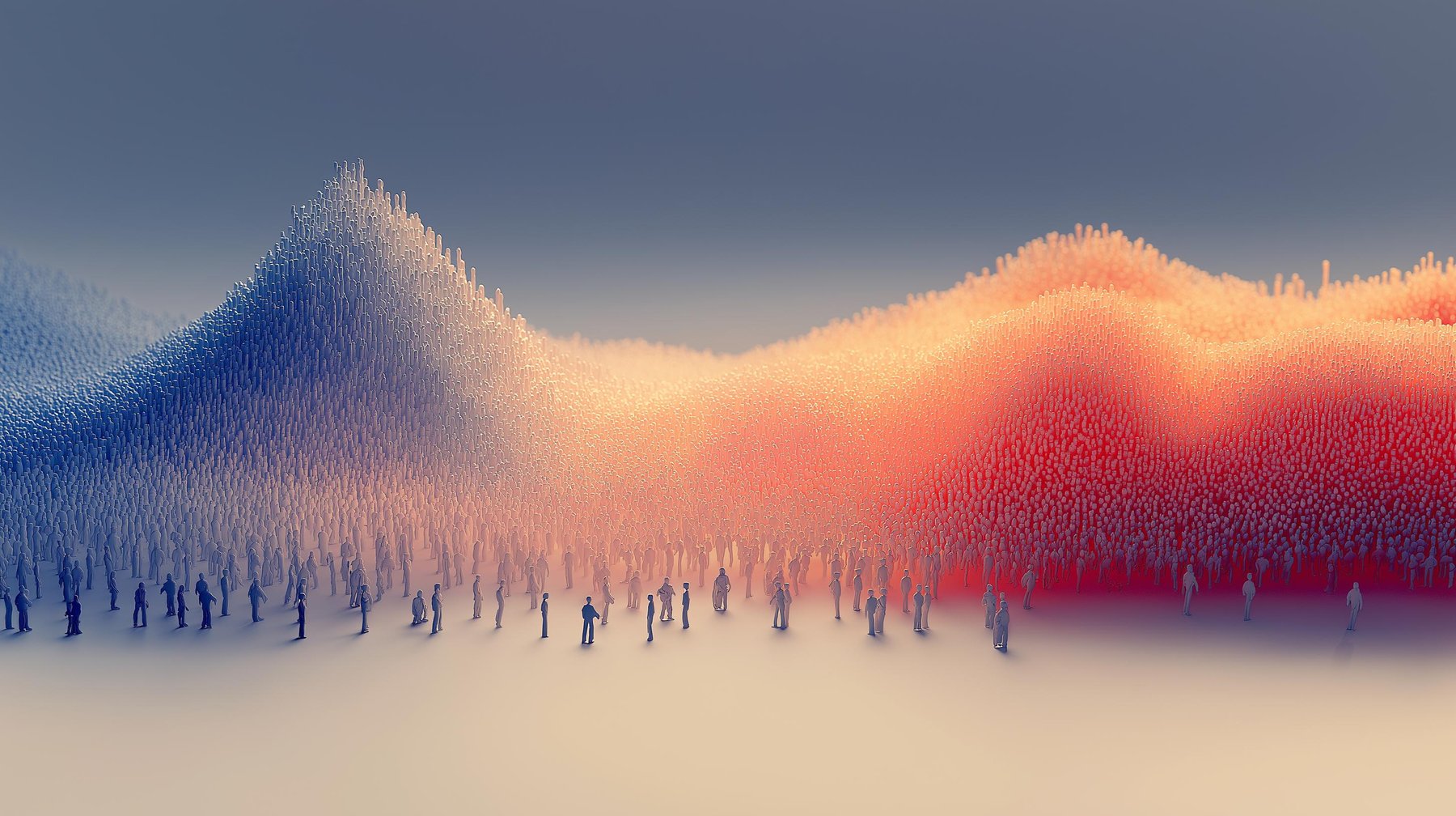 A double-exposure crowd of human figures forming a warm blue-to-red waveform