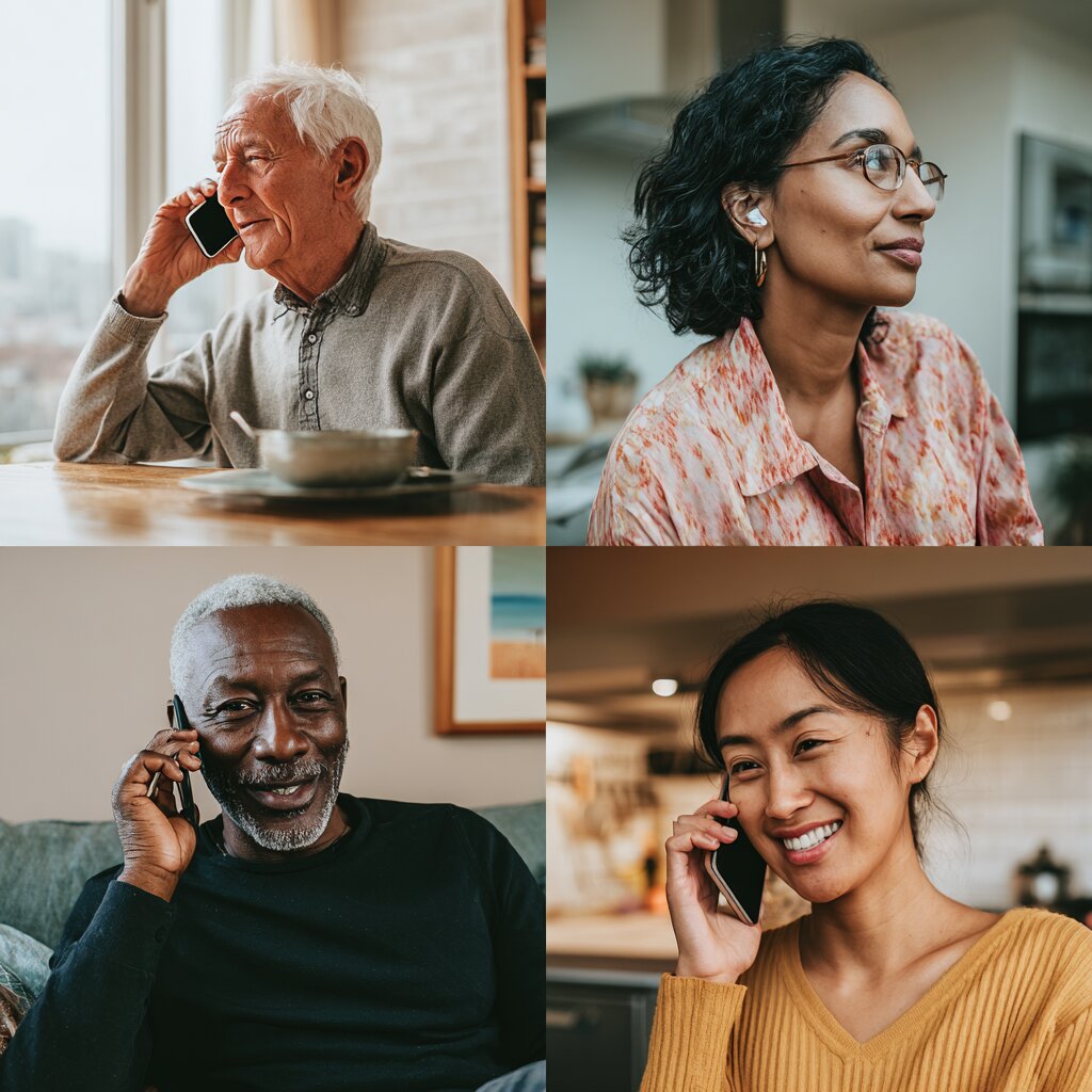A four-panel grid of diverse people taking phone calls in different everyday settings