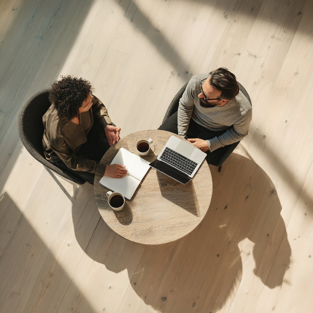 Overhead view of two researchers collaborating at a shared desk